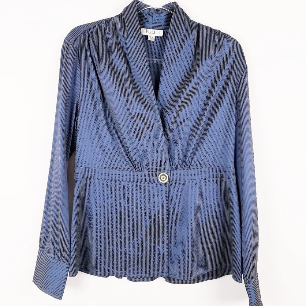 PULI - Blue Tuxedo Stripe Wrap Long Sleeve Blouse,‎ Formal  Size US 10 Eur 40